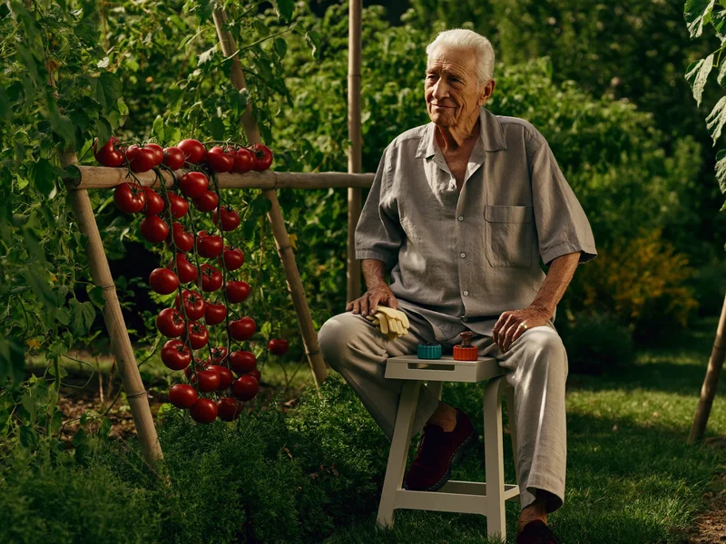 Sgabello con ripiano portattrezzi accanto a pomodori legati alle canne