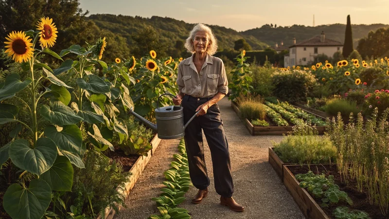 Orto al tramonto con fagiolini, girasoli e annaffiatoio sul sentiero